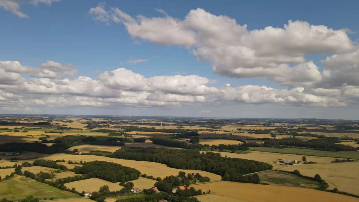 Vue aérienne d'une campagne plate en damier de champs et de bosquets, jusqu'à l'horizon