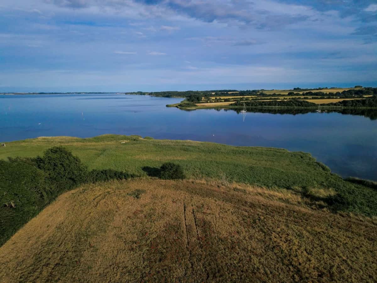 Côte danoise vue d'en haut, langue de prairie rase avançant dans une eau plate et grise, champs cultivés à l'horizon