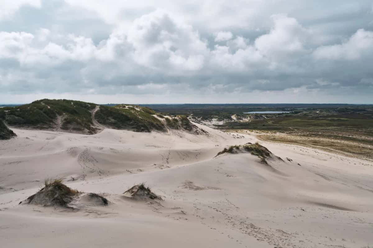 Dunes de sable de Skagen à la pointe nord du Jutland, Danemark, sous un ciel nordique