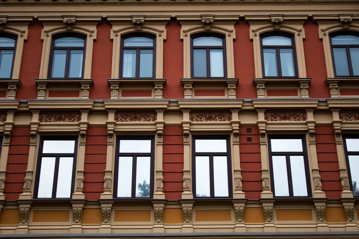 Façade d'immeuble ancien à pilastres, deux niveaux de hautes fenêtres blanches sur un enduit rouge et ocre