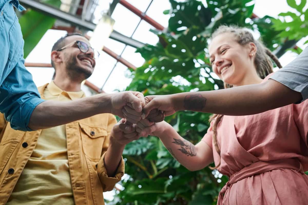 Quatre personnes souriantes réunissant leurs poings au centre du cadre, sous une verrière garnie de plantes