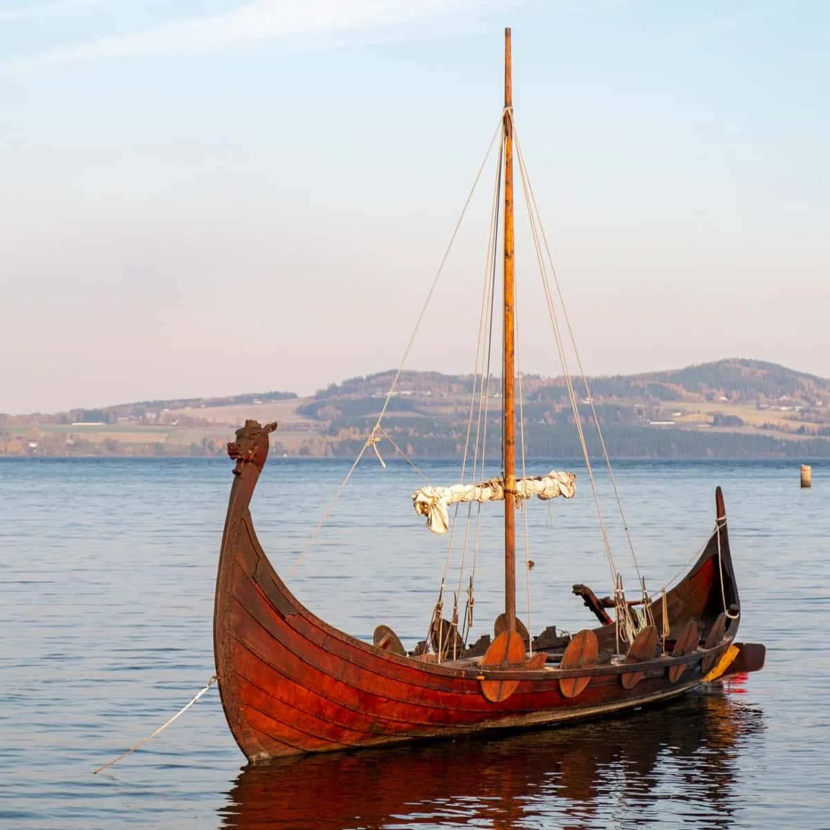 Navire viking reconstitué à tête de dragon et boucliers ronds sur une eau calme, évoquant la flotte de l'âge viking