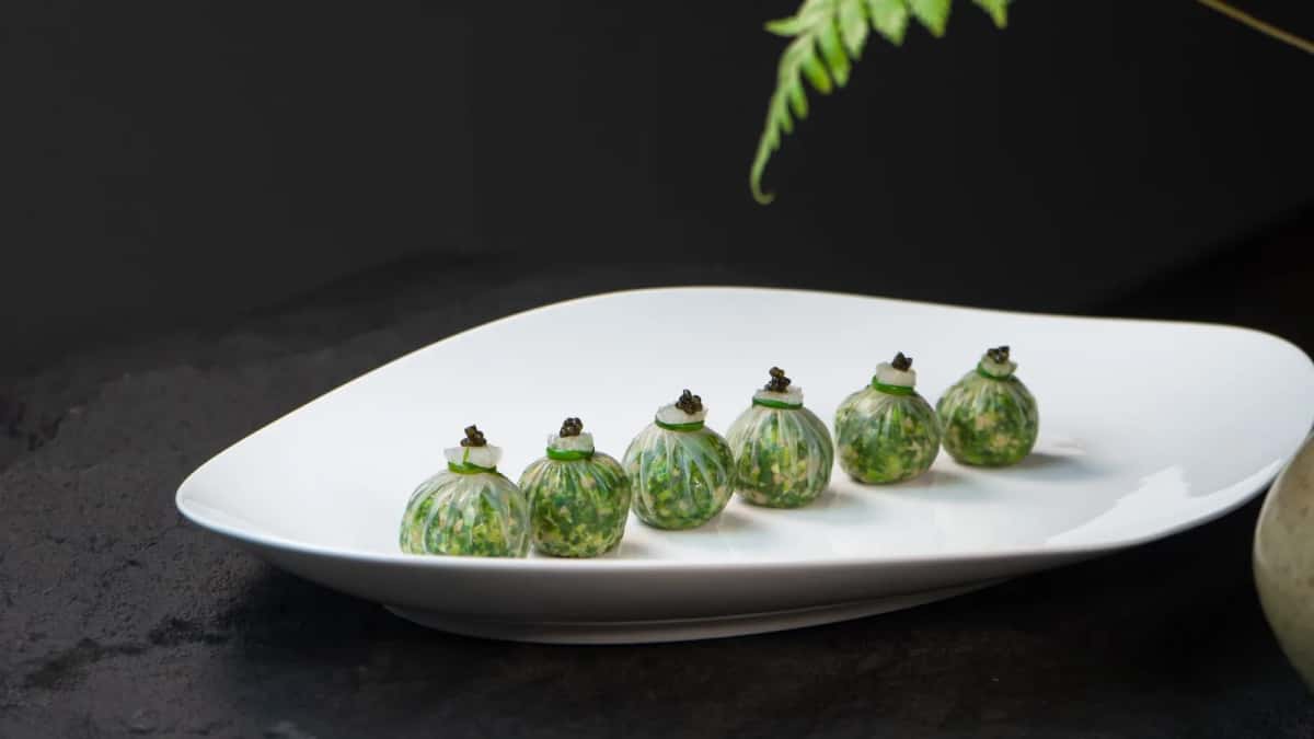 Assiette de haute gastronomie nordique : petites bouchées d'herbes et caviar sur porcelaine blanche, dans l'esprit New Nordic