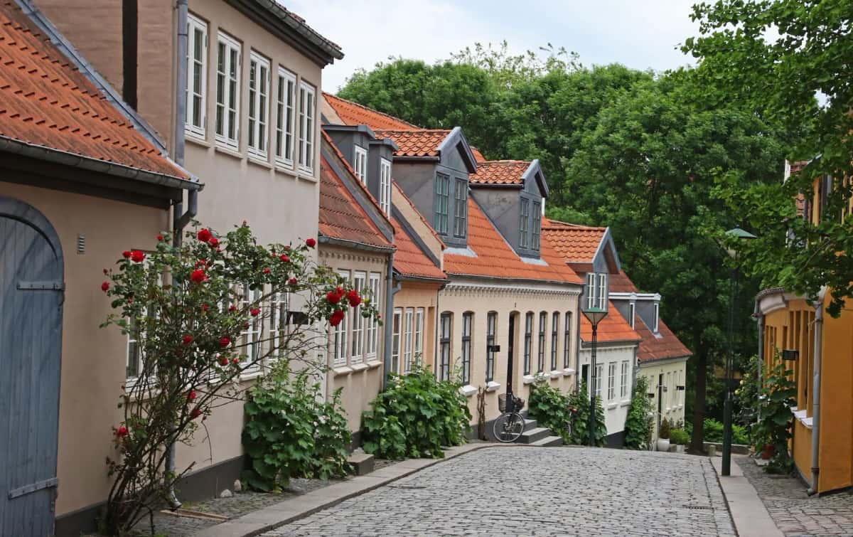 Ruelle pavée de la vieille ville d'Odense avec maisons pastel et toits de tuiles rouges, Fionie, Danemark